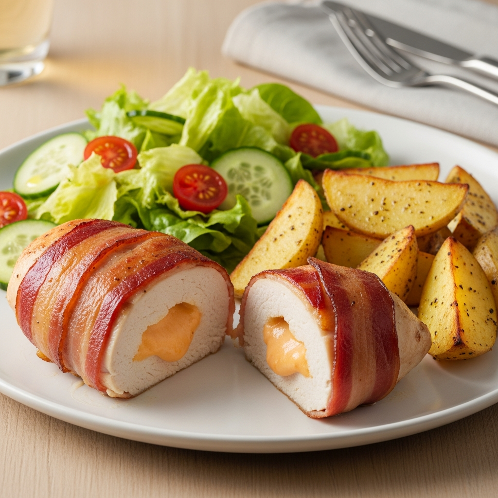 { "alt_text": "Fyldt kyllingebryst med pikantost og bacon, serveret med gyldne ovnkartofler og grøn salat på hvid tallerken i naturligt sidelys.", "file_name": "fyldt-kylling-med-pikant-ost-og-bacon-ovnkartofler-og-gron-salat-4387" }