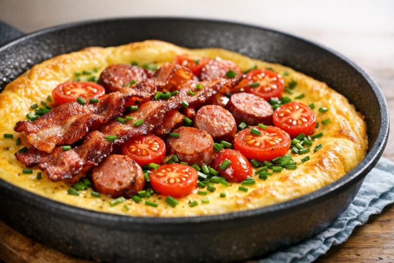 { "alt_text": "Gammeldags æggekage i sort pande med sprød bacon, pølser, cherrytomater og frisk purløg", "file_name": "gammeldags-aeggekage-med-bacon-poelser-og-tomat-4827" }