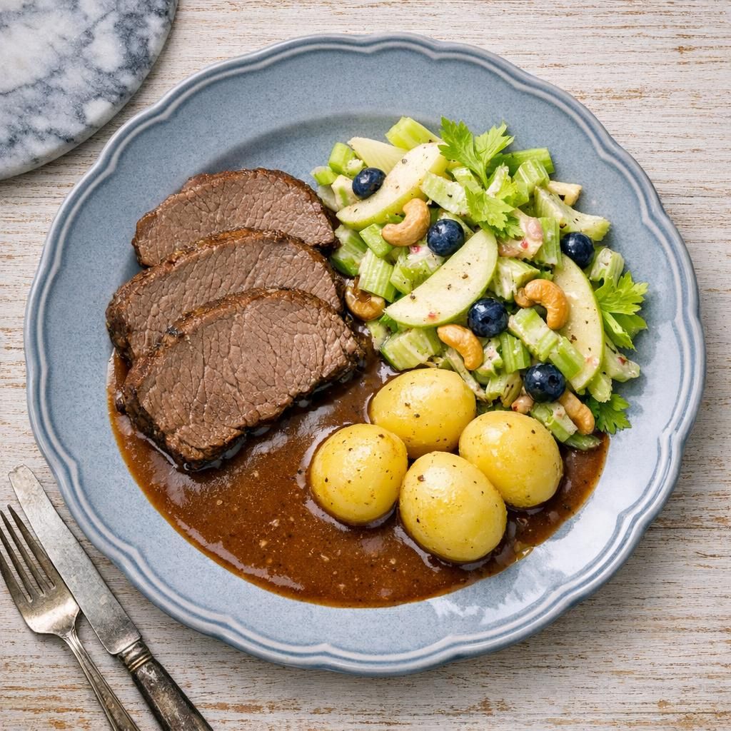 Gammeldags oksesteg med brun ølsauce, kogte kartofler og frisk æble-bladsellerisalat
