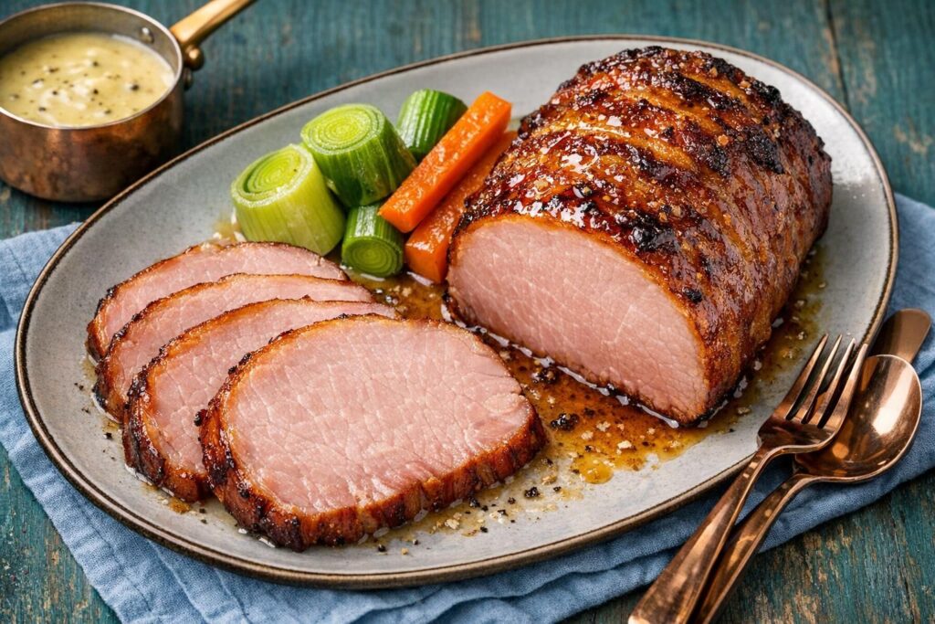 Glaseret hamburgerryg med kogte kartofler og grønlangkål