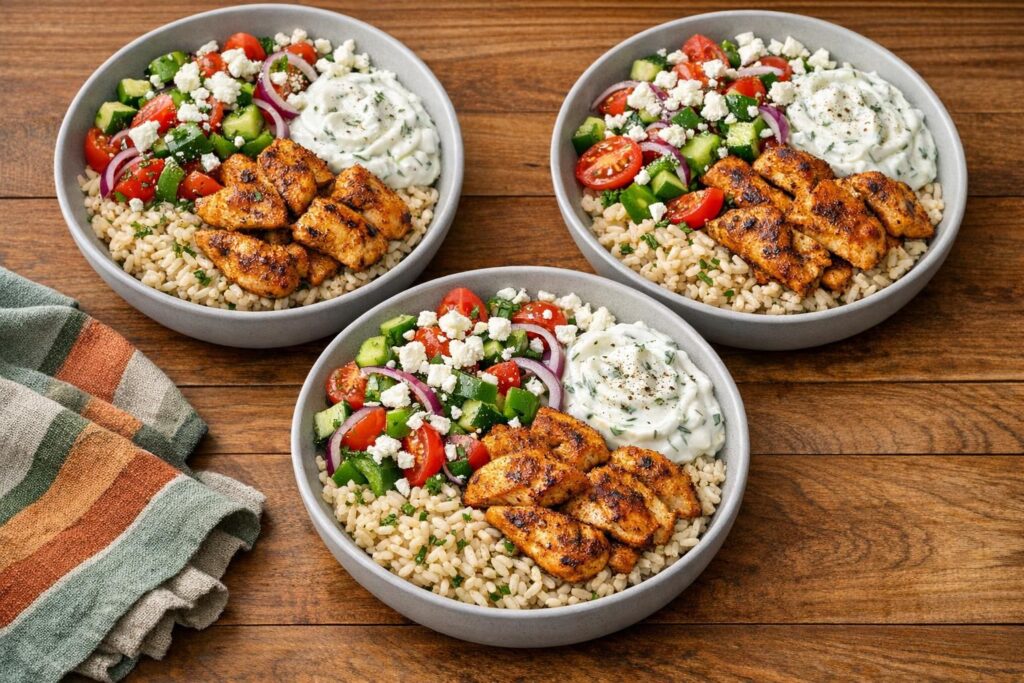 Græsk kyllingebowl med ris og tzatziki
