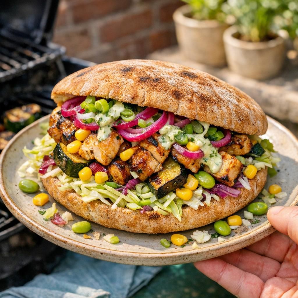 Grillede pitabrød med kyllingspyd og grønt