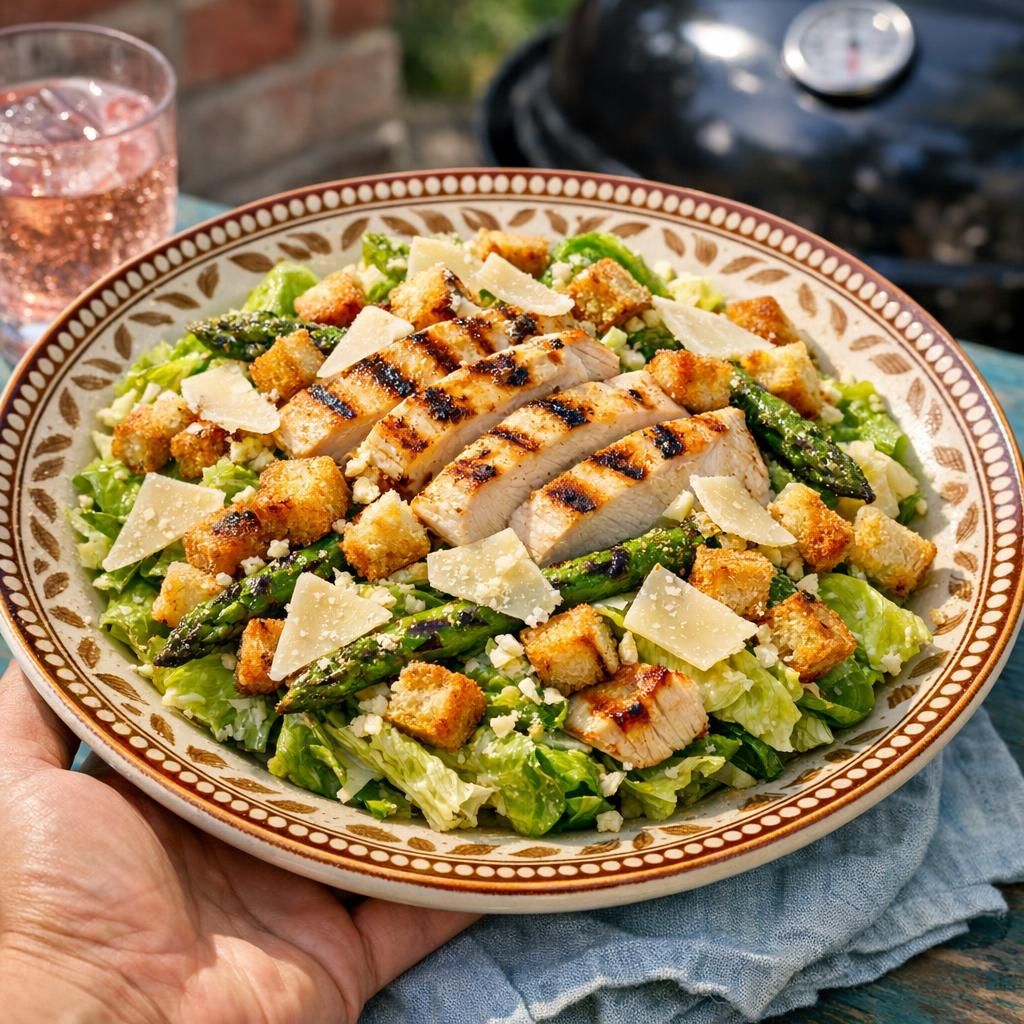 Grillet cæsarsalat med kylling og croutoner