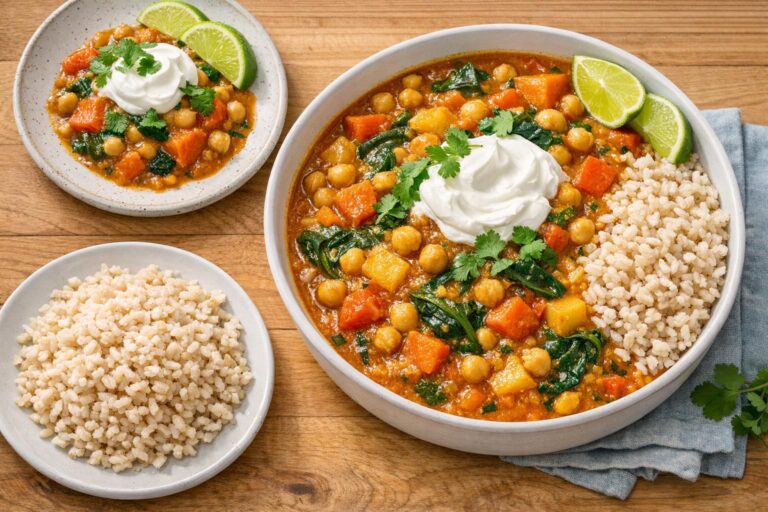 { "alt_text": "Grøntsagscurry med kikærter, spinat og gulerod/kartoffel, toppet med creme fraiche og koriander, serveret med havreris og lime", "file_name": "groentsagscurry-med-kikaerter-og-havreris-3842" }