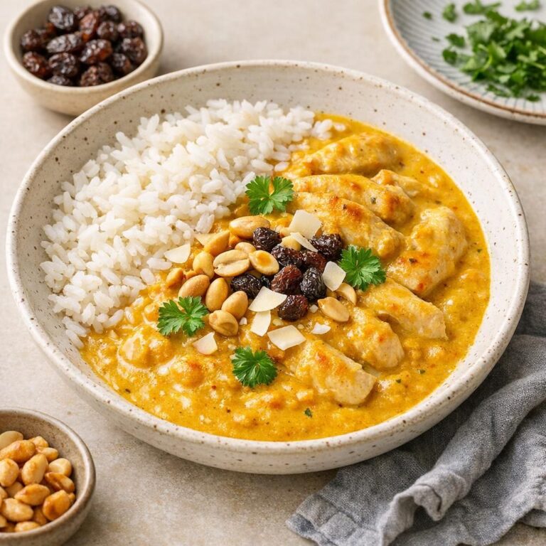 { "alt_text": "Hvid skål med ris og grøntsagscremet kylling i gul karry, set i blødt naturligt sidelys", "file_name": "grontsagscremet-kylling-i-karry-med-ris-4827" }