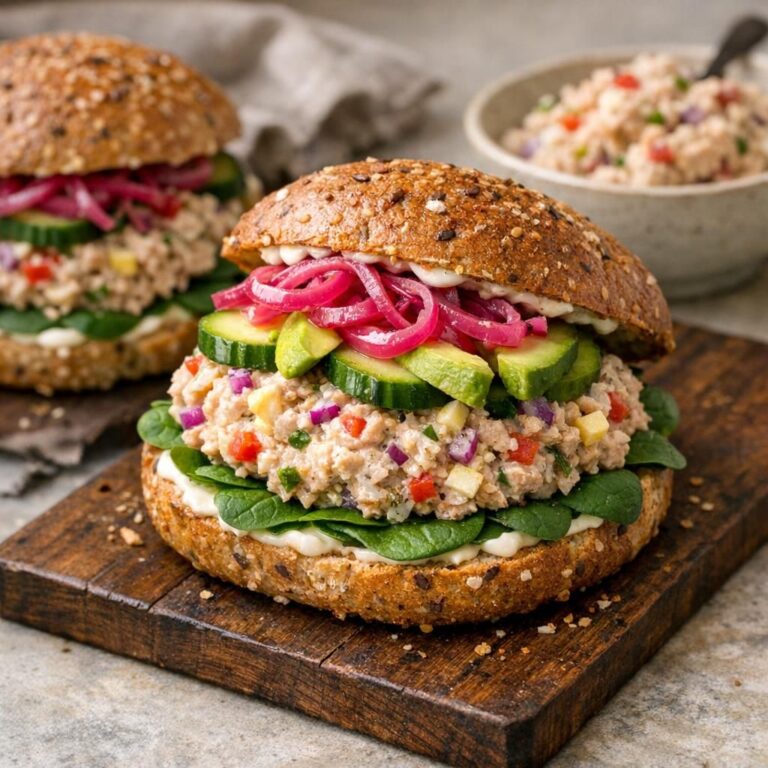 { "alt_text": "Nærbillede af grov sandwich med cremet tunsalat, babyspinat, agurk, avocado og syltede rødløg i let ristet fuldkornsbolle", "file_name": "grov-sandwich-med-cremet-tunsalat-3847" }