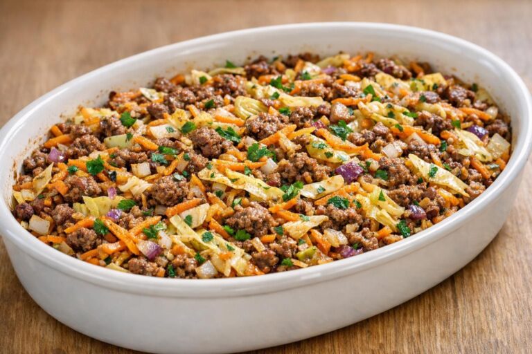 Ovnbagt fad med hakket oksekød, spidskål og gulerødder krydret med paprika og spidskommen; gyldne kanter og brunet kød