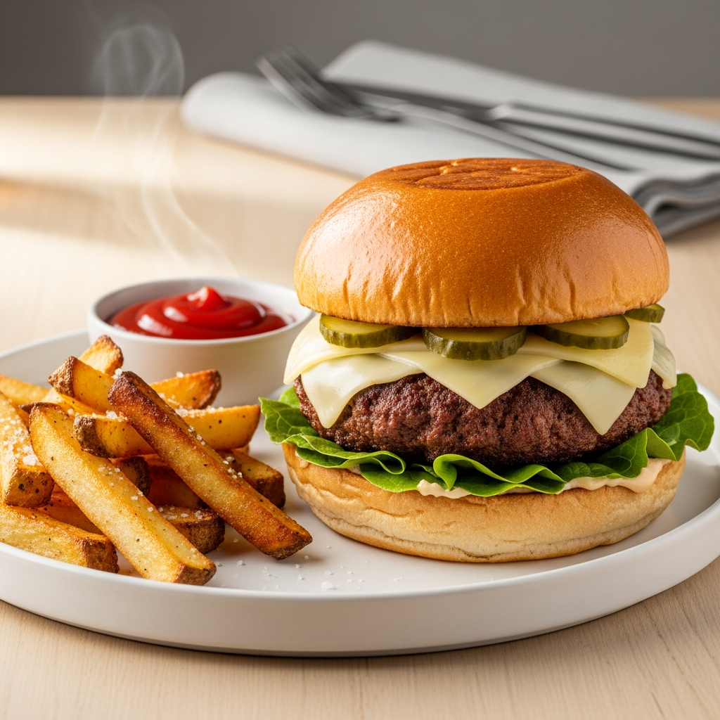 { "alt_text": "Hjemmelavet burger med smeltet ost, sprøde pickles og ovnbagte pommes frites med ketchup på hvid tallerken", "file_name": "hjemmelavet-burger-med-pommes-frites-sprode-pickles-og-ketchup-4827" }