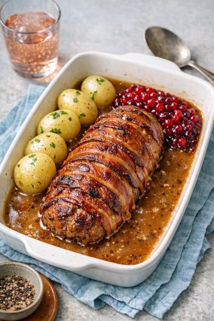 Hjemmelavet forloren hare med brun flødesovs, kogte kartofler og tyttebær