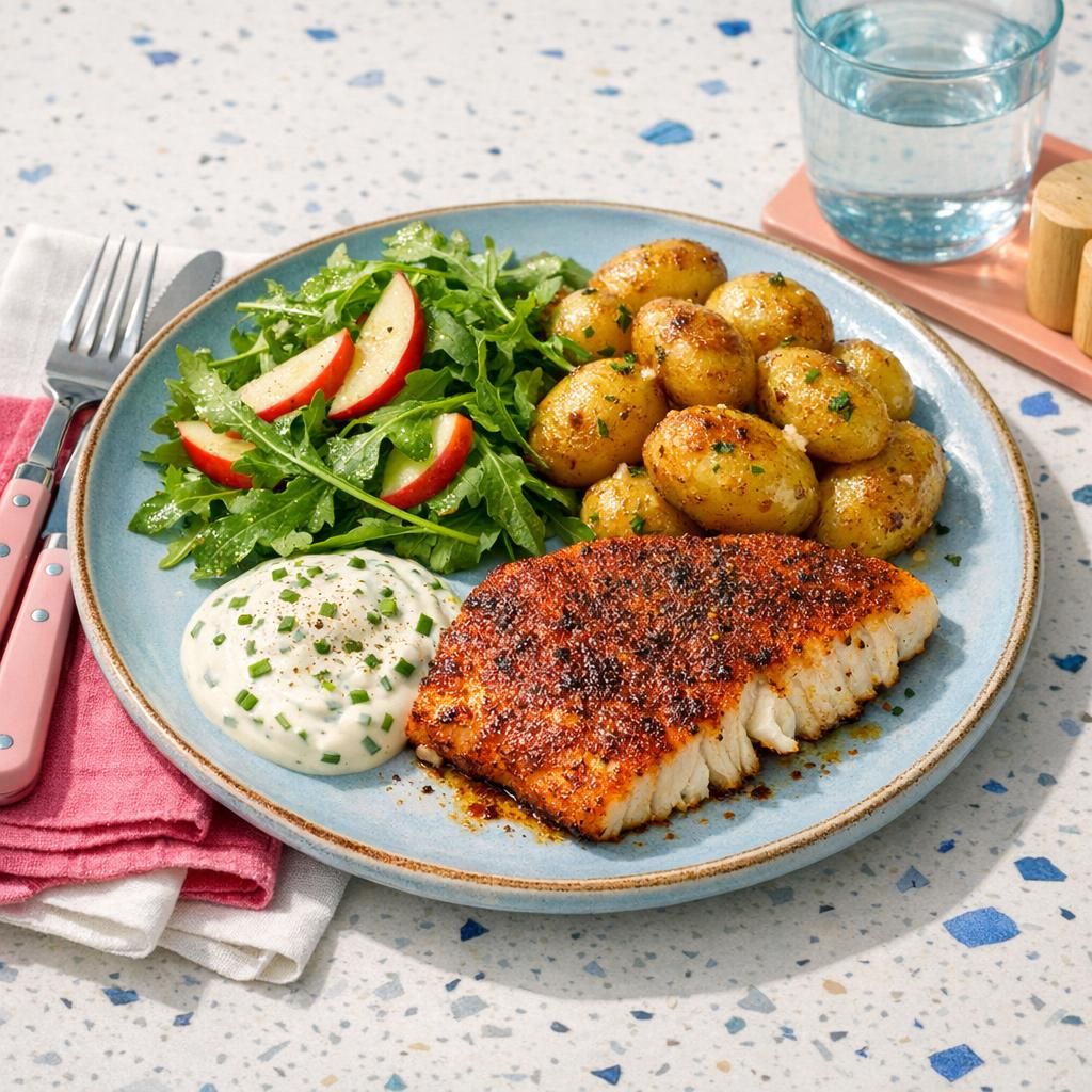 Hurtig BBQ-krydret hvid fisk med purløgsdressing og hvidløgskartofler