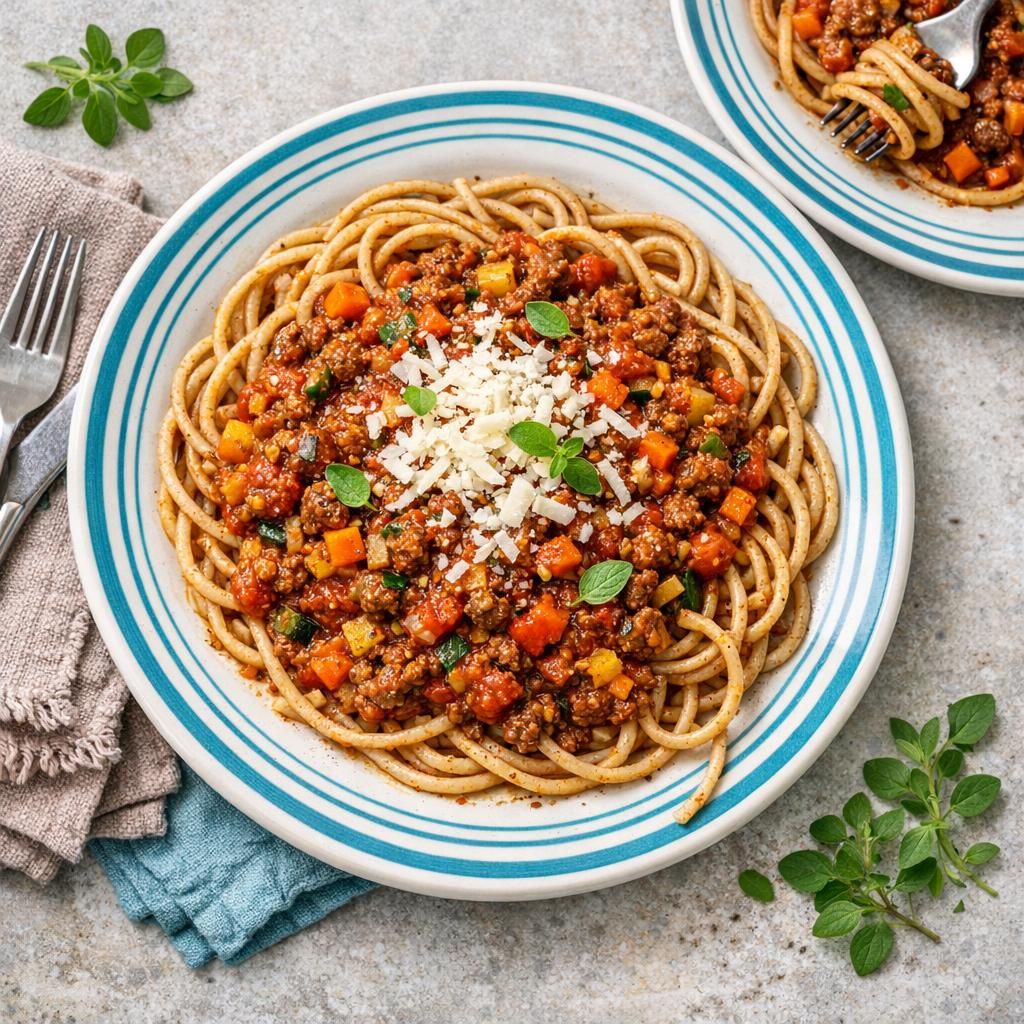 Hurtig pasta med grøntsagsfyldt kødsauce og grov spaghetti