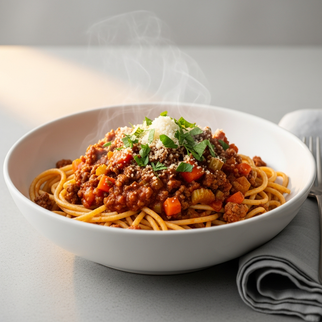 { "alt_text": "Grov spaghetti med grøntsagsfyldt kødsauce i hvid skål, toppet med revet ost og frisk persille", "file_name": "hurtig-pasta-med-grontsagsfyldt-kodsauce-og-grov-spaghetti-4827" }