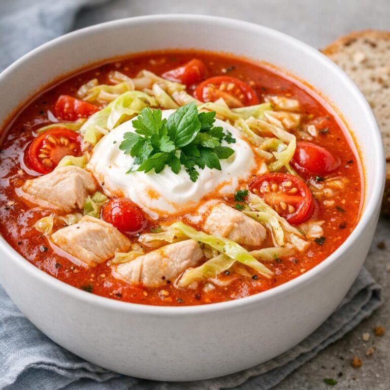 Tomatsuppe med møre kyllingestykker, sprød spidskål, cherrytomater og cremefraiche