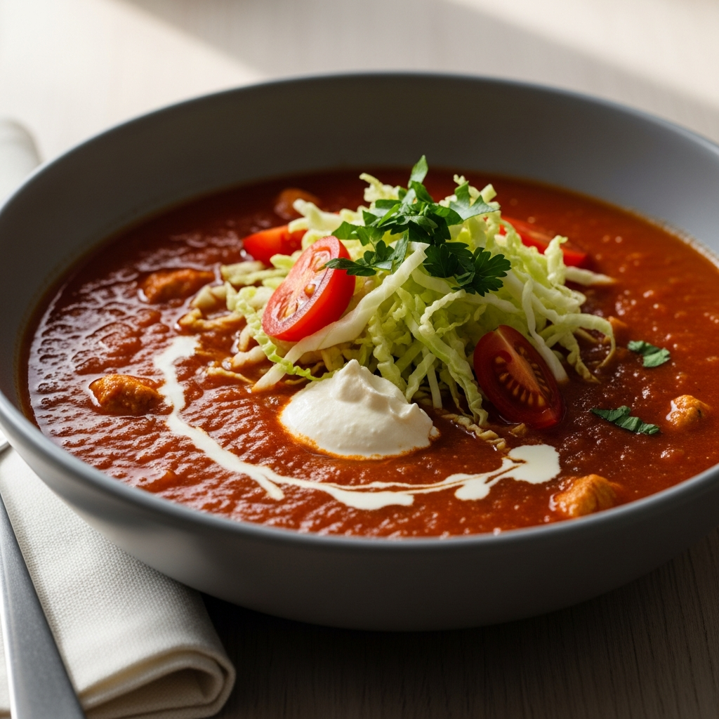 { "alt_text": "Hurtig tomatsuppe med kylling toppet med fintstrimlet spidskål, cherrytomater og en klat cremefraiche i grå skål på lyst bord", "file_name": "hurtig-tomatsuppe-med-kylling-og-spidskaal-4827" }