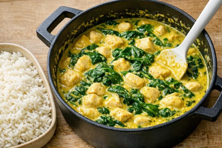 Cremet spinatgryde med kylling i mild karrysauce, grøn spinat og nykogte ris – enkel og mættende hverdagsret