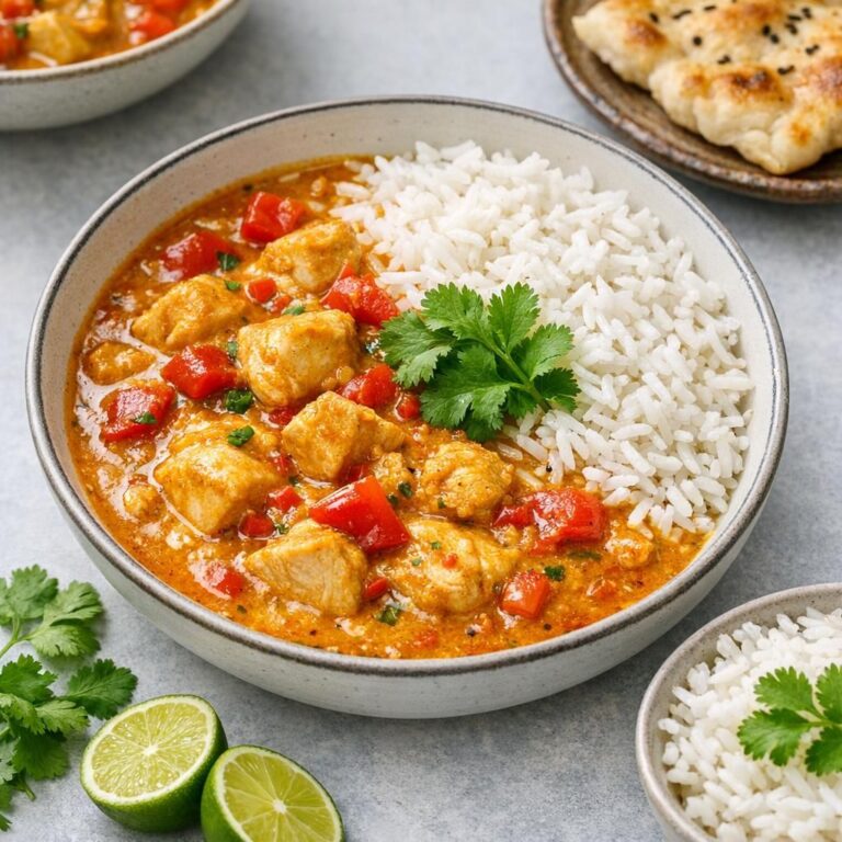 { "alt_text": "Hvid skål med indisk kyllingecurry i cremet orange-rød sauce med rød peber og frisk koriander, basmatiris i baggrunden", "file_name": "indisk-curry-med-kylling-4827" }