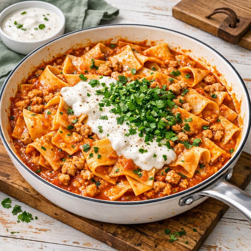 Indisk-inspireret pasta med kylling og yoghurtsauce