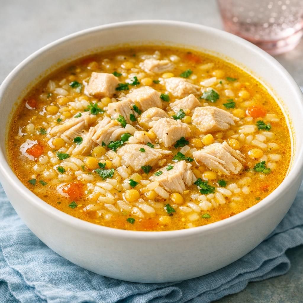 Indisk mulligatawny-suppe med kylling, ris og linser