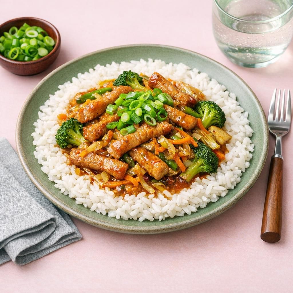 Ingefærstegt svinekød i wok med ris og grønt