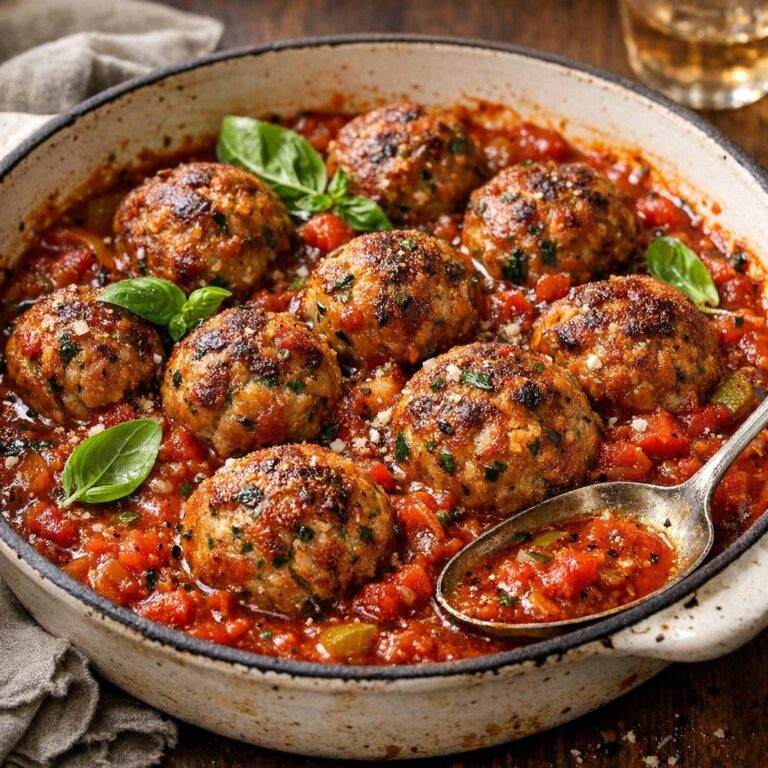 Italienske kødboller i rustik tomatsovs, toppet med frisk basilikum
