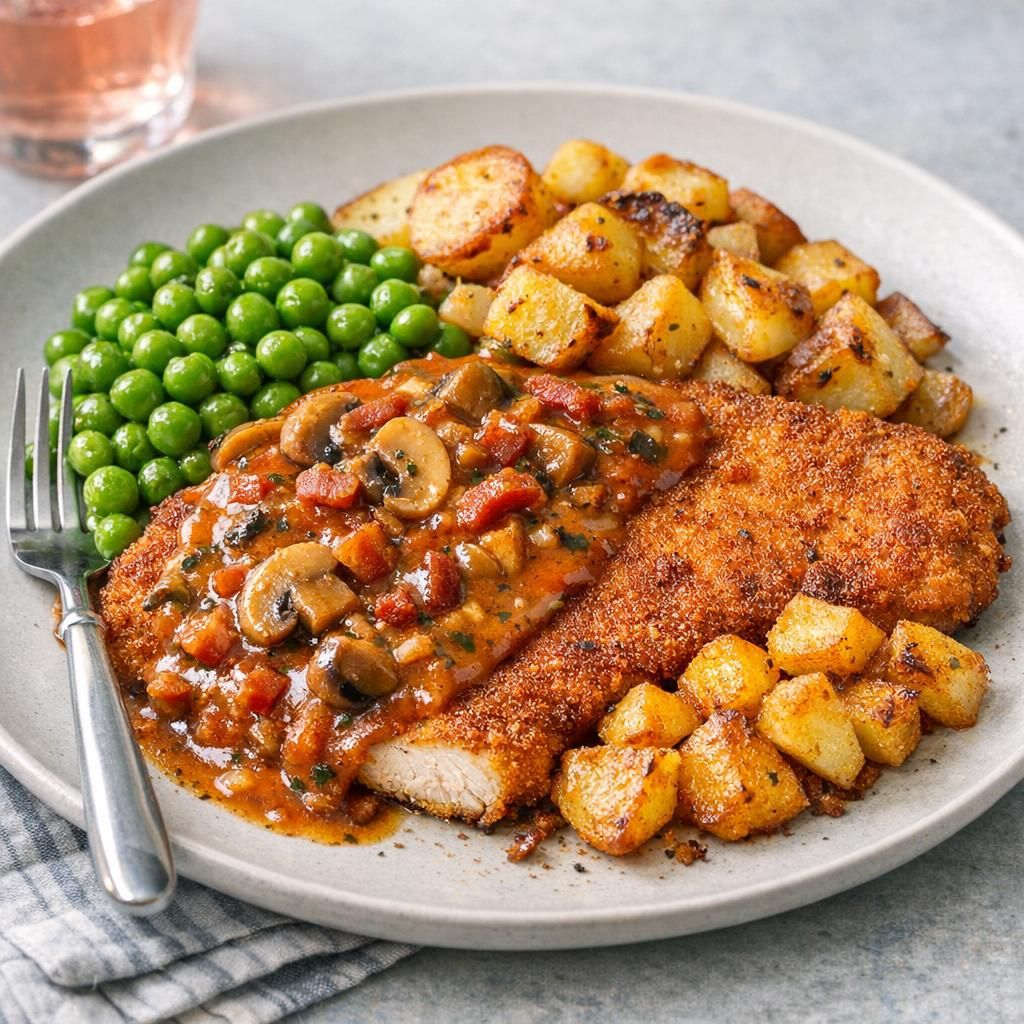 Jægerschnitzel med jægersovs og brasede kartofler