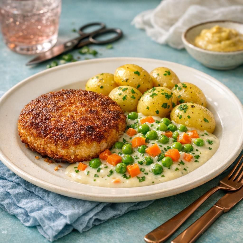 Karbonader med ærter og gulerødder