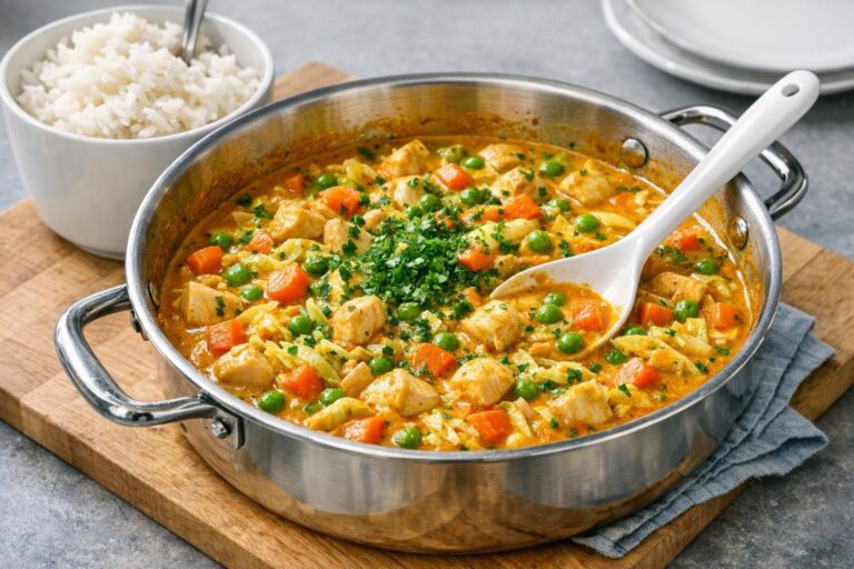 Cremet karrygryde med kylling, gulerødder, ærter og spidskål, serveret med ris