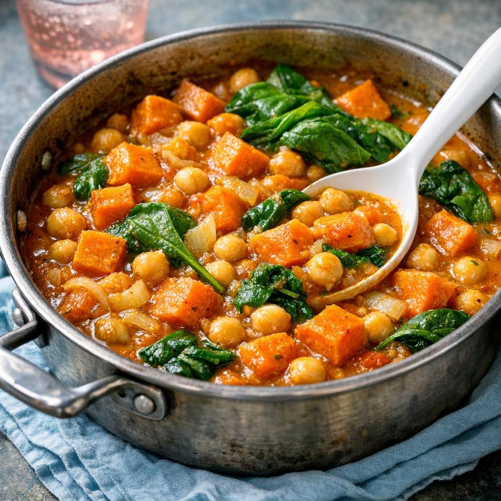 Karrykrydret gryderet med søde kartofler og kikærter