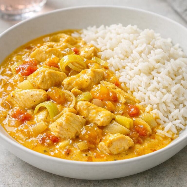 Karrykylling i cremet karrysovs med porrer, tomat og mangochutney, serveret med hvide ris