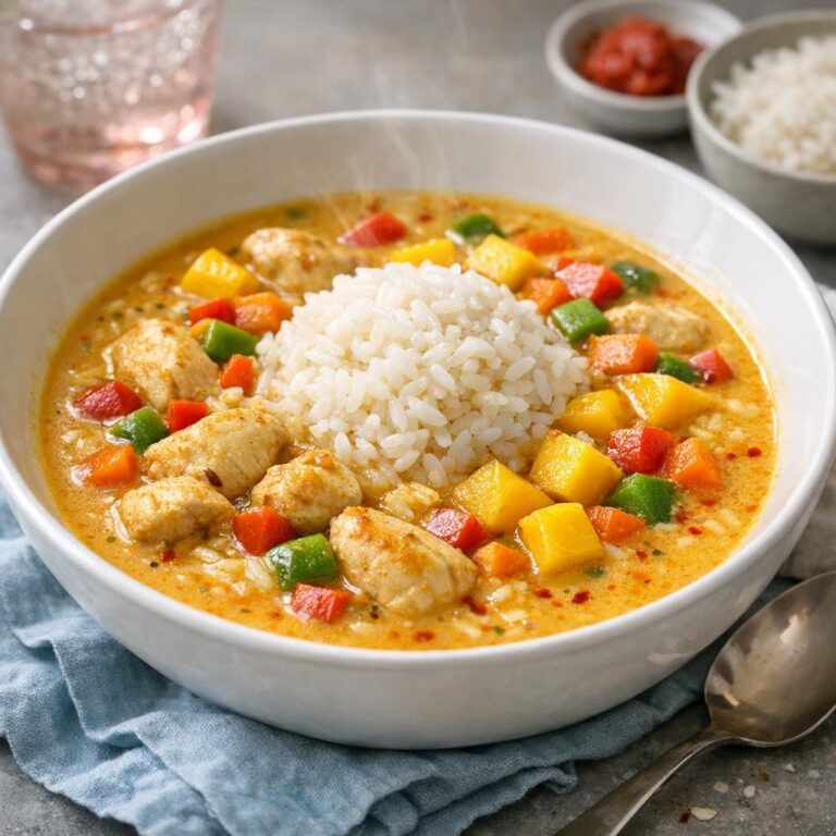 Cremet karrysuppe med kylling og ris med peberfrugt, gulerod og mango i skål