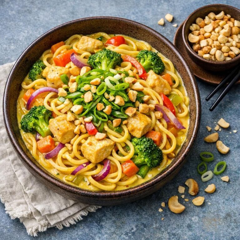 Karrywok med kylling, nudler og sprøde grøntsager i mild, cremet karrysauce, toppet med forårsløg og cashewnødder