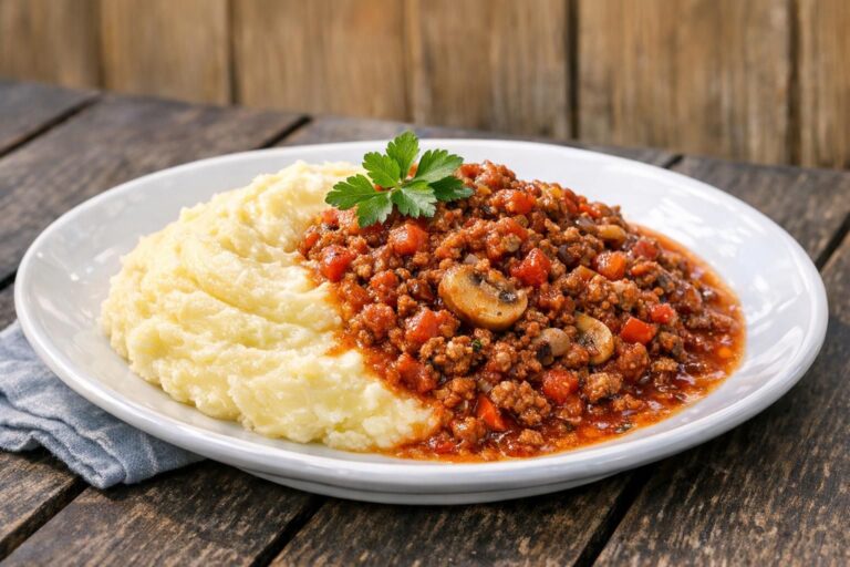 { "alt_text": "Cremet kartoffelmos med tomatbaseret kødsauce med gulerødder og løg på hvid tallerken", "file_name": "kartoffelmos-med-enkel-kodsauce-7364" }