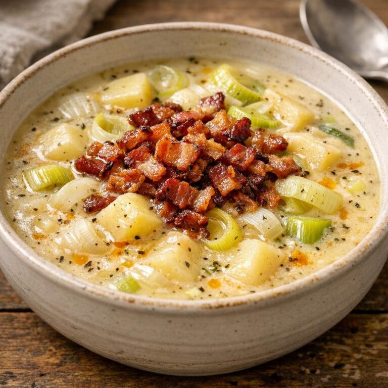 Cremet kartoffelsuppe med porrer og sprød bacon, serveret rustikt i skål