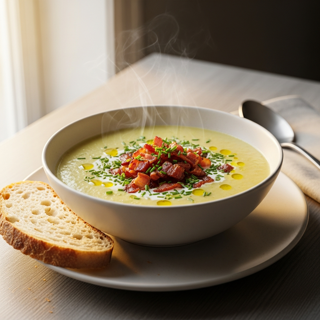 { "alt_text": "Cremet kartoffel-porresuppe i hvid skål, toppet med sprød bacon og frisk purløg, med skive surdejsbrød ved siden af", "file_name": "kartoffelsuppe-med-porrer-flode-og-sprod-bacon-4729" }