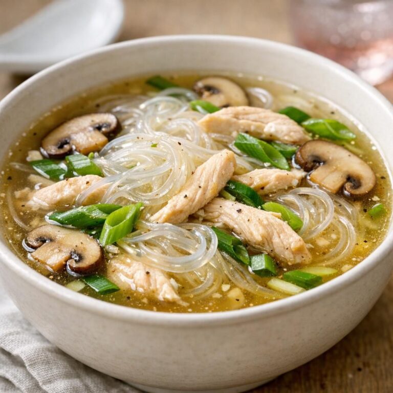 Klar kinesisk nudelsuppe i skål med kyllingestrimler, glasnudler, forårsløg og champignoner