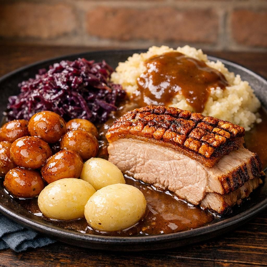 Klassisk flæskesteg med hvide kartofler, brunede kartofler og brun sauce