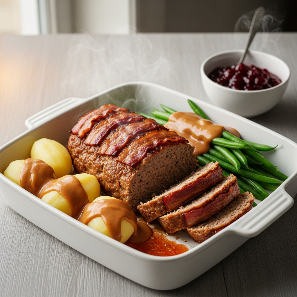 Klassisk forloren hare med brun flødesovs, kartofler og grønne bønner