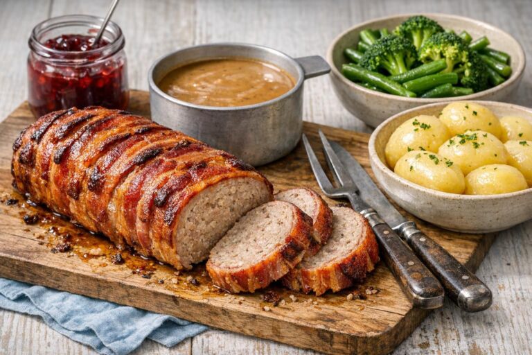 Baconindpakket forloren hare i skiver med brun flødesovs, kartofler og grønne bønner