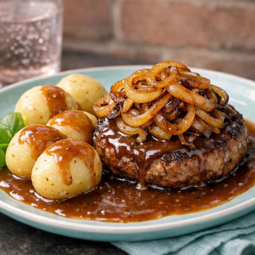 Klassisk hakkebøf med bløde løg, kartofler og brun sovs