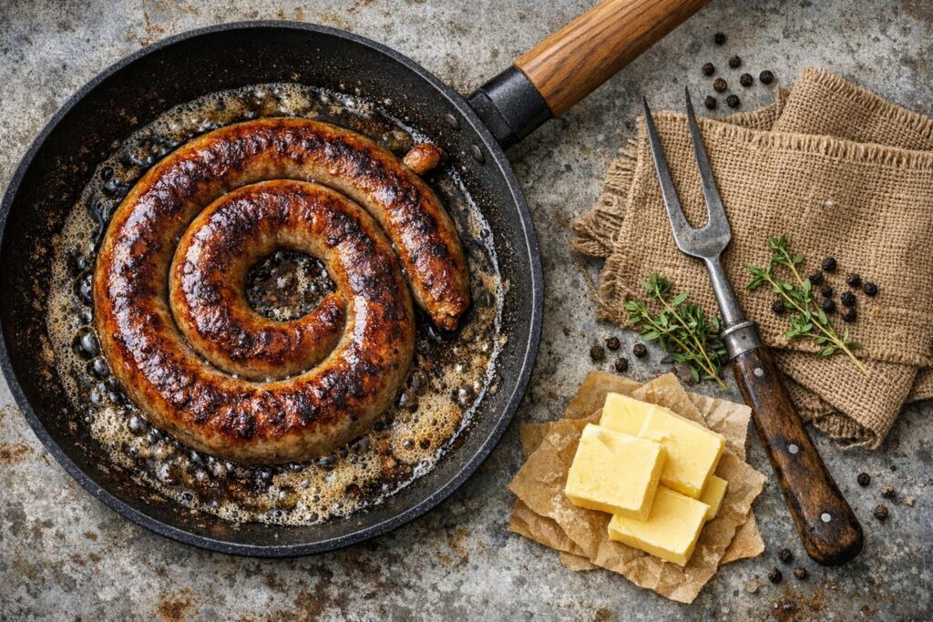 Klassisk medister med kogte kartofler, brun sovs og stuvet hvidkål