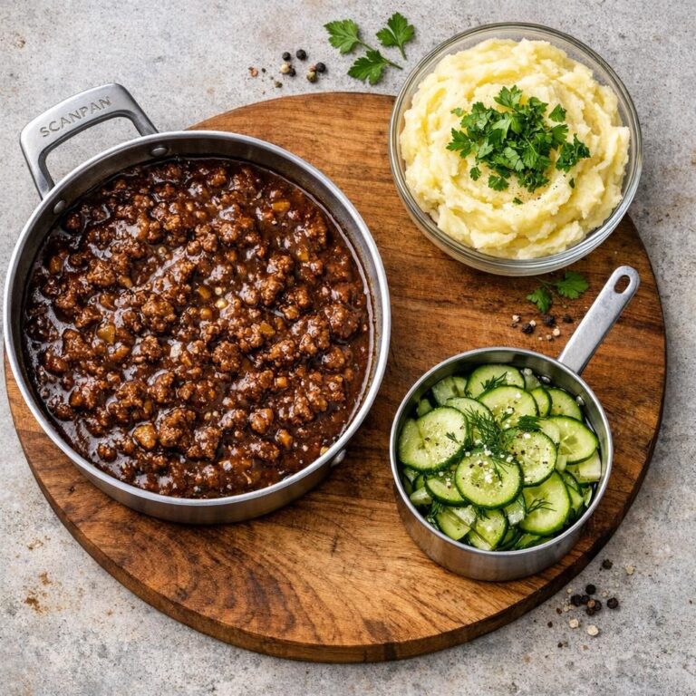 Klassisk millionbøf i brun sovs med cremet kartoffelmos og syltet agurk, serveret til to