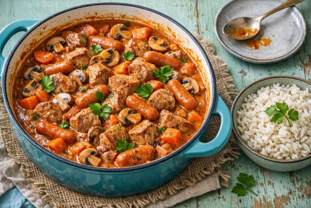 Klassisk mørbradgryde med bacon, champignon og ris