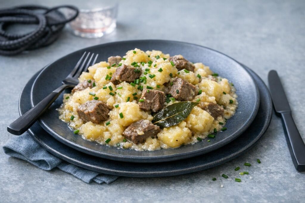 Klassisk skipperlabskovs med rugbrød, smør og rødbeder