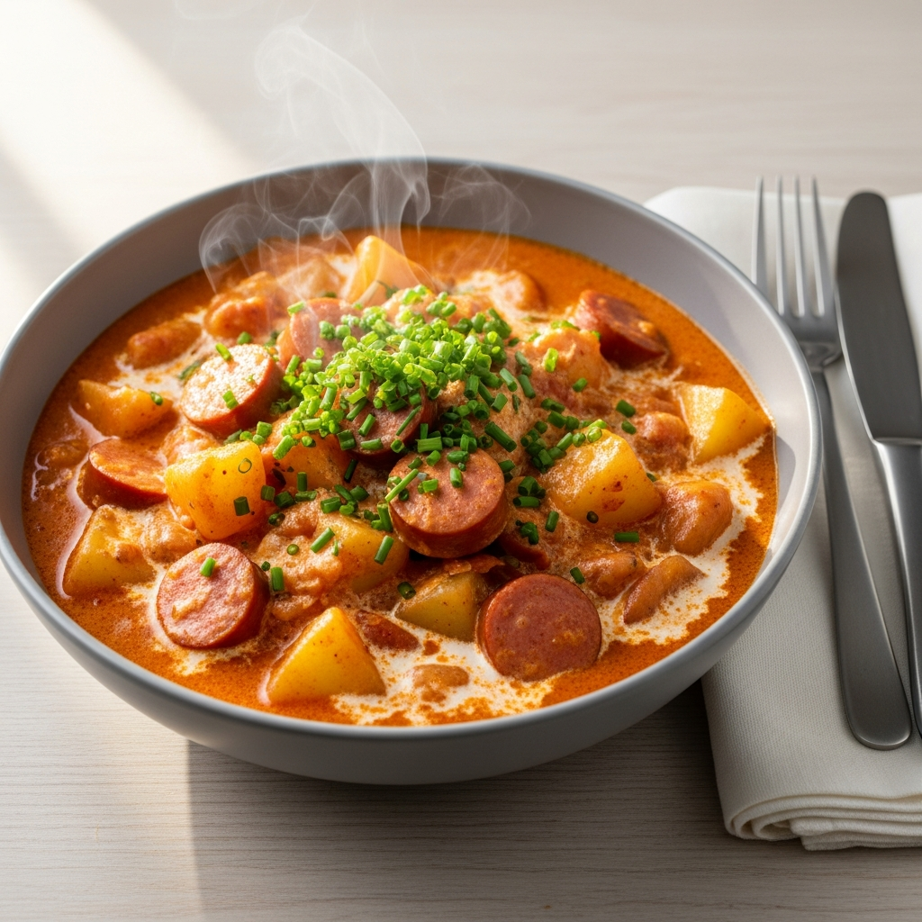 Klassisk svensk pølseret med kogte kartofler og purløg til 2 personer