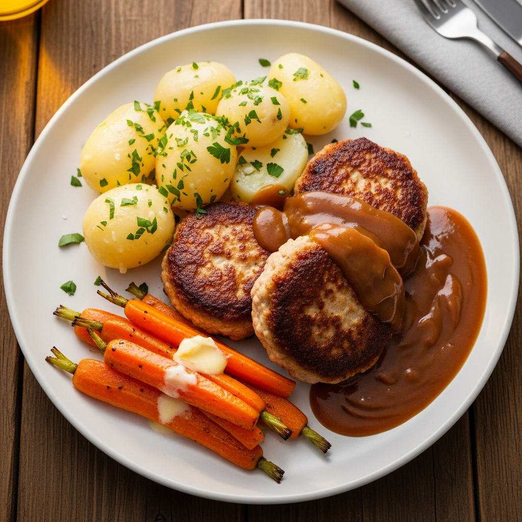 Klassiske svinefrikadeller med brun sovs, kogte kartofler og glaserede gulerødder