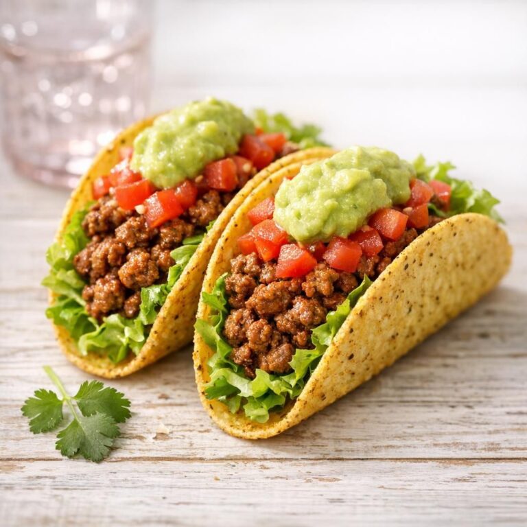 Klassiske tacos med krydret hakket oksekød i sprøde tacoskaller, toppet med majs, tomat, icebergsalat, revet ost og tacosauce