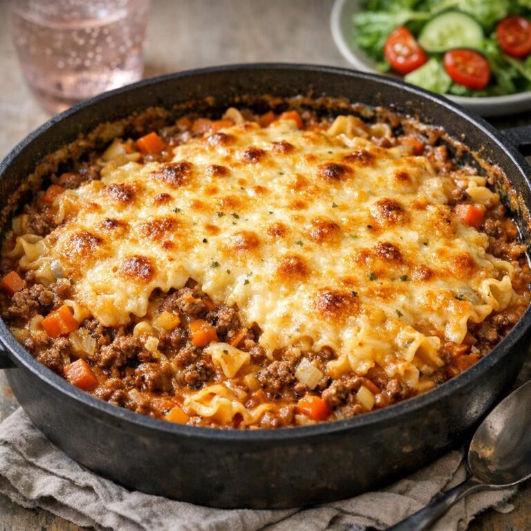 Knorr-lasagnette på pande med hakket oksekød, ekstra grønt og gyldent ostelåg, serveret med enkel grøn salat