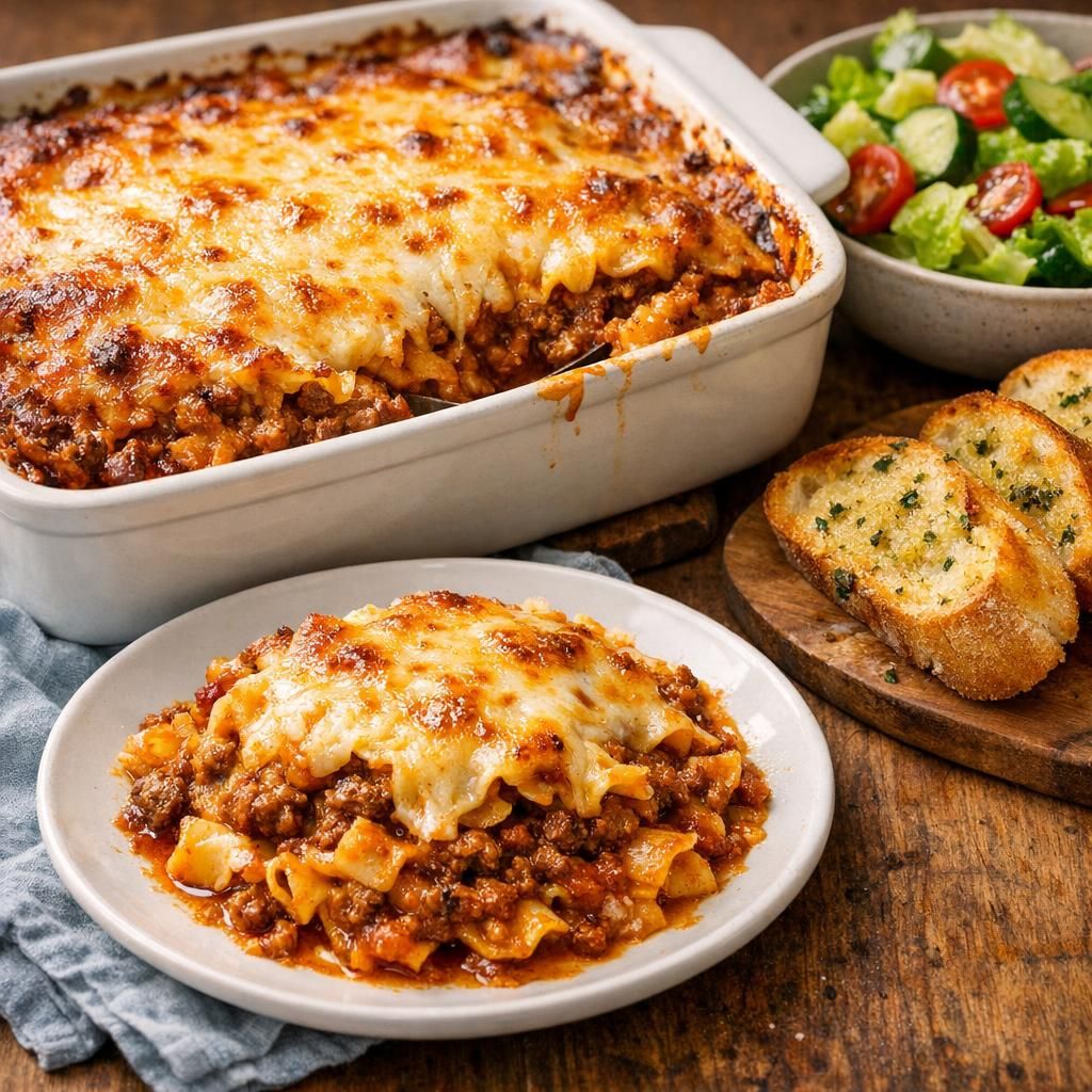 Knorrs klassiske lasagnette med grøn salat og hvidløgsbrød