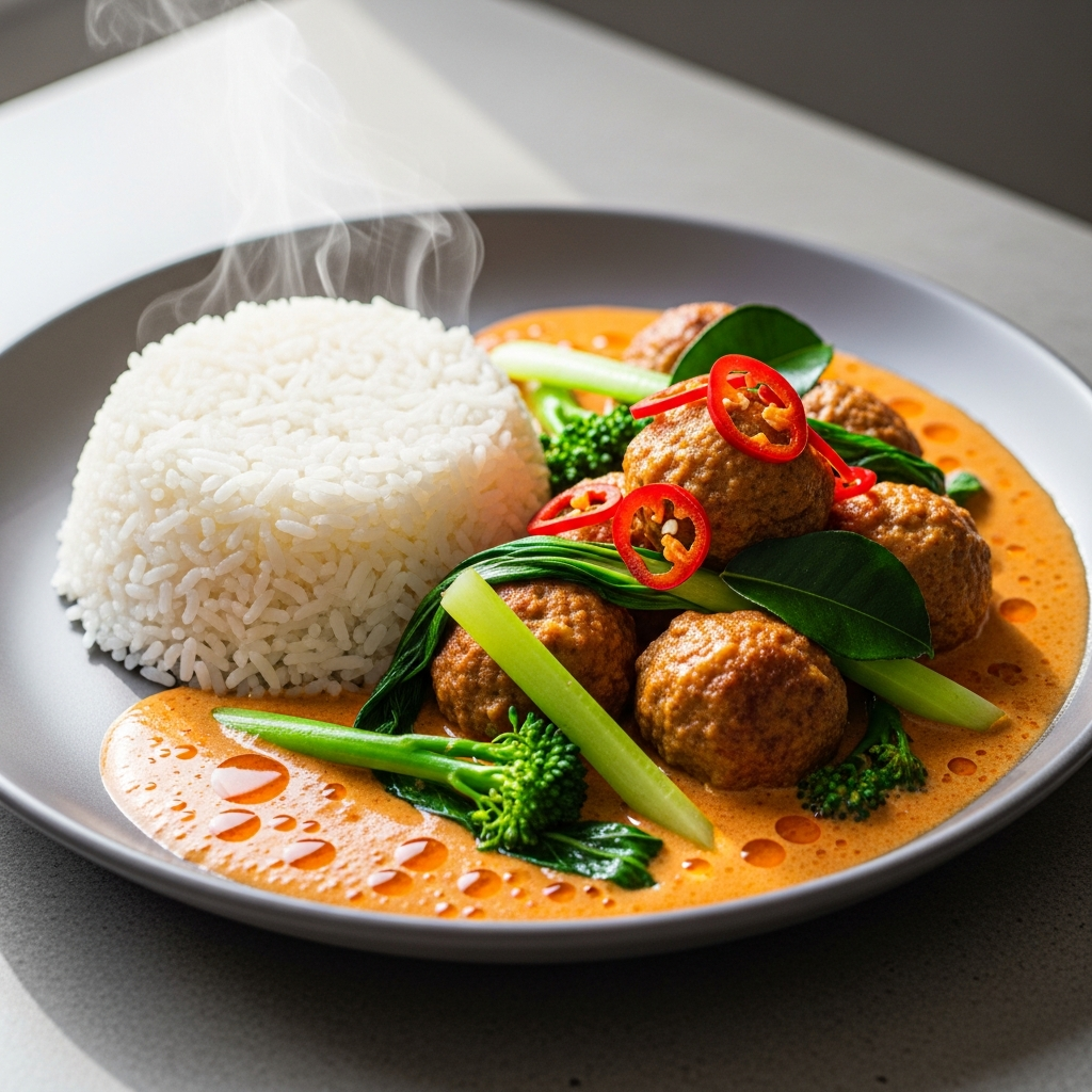 { "alt_text": "Nærbillede af kødboller i panang karry med ris på mørkegrå tallerken; cremet rød-orange sauce, grønne strimler og røde chilistrimler", "file_name": "kodboller-i-panang-karry-med-ris-4837" }