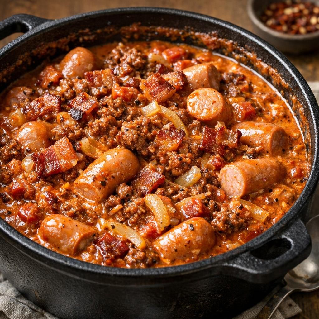 Kødsovs-gryderet med bacon og pølser